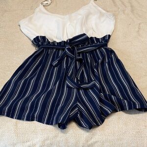 Lily Rose Navy & White Striped Skort Romper | Tie Waist Nautical Summer | S